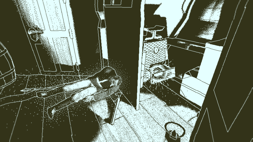 Screenshot of game: a man lies crumpled besides an open door, having been hit with a club, through the door a bright light is emanating from an opened drawer in a decorative box and the object inside, which is a shell, mostly concealed.