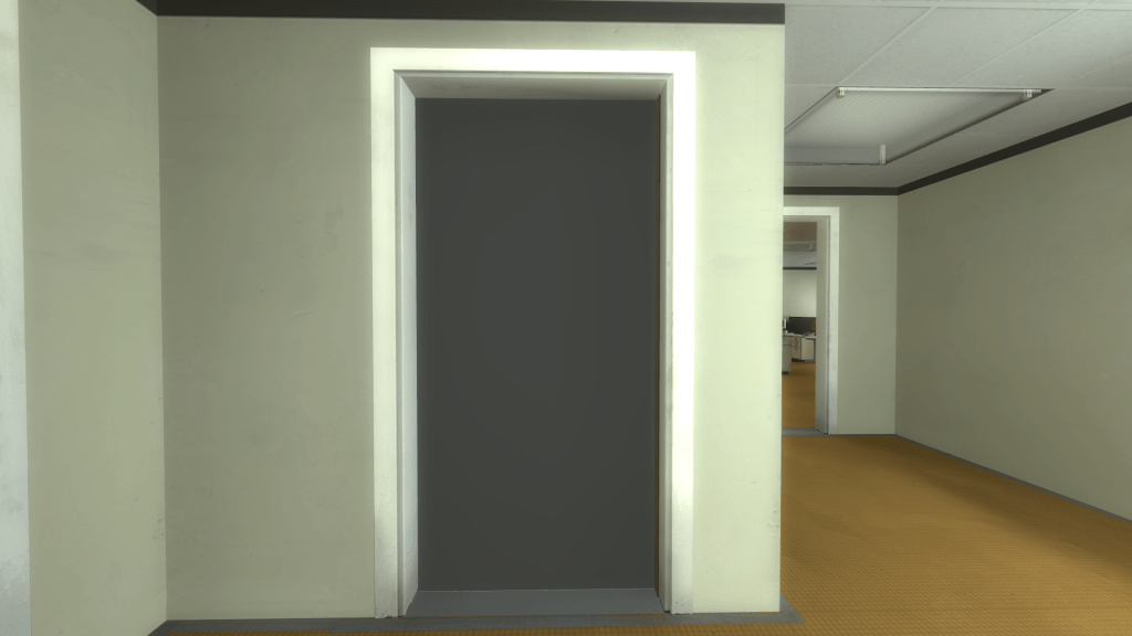 An empty office doorframe on the corner of a corridor, in the frame is  blank grey space.