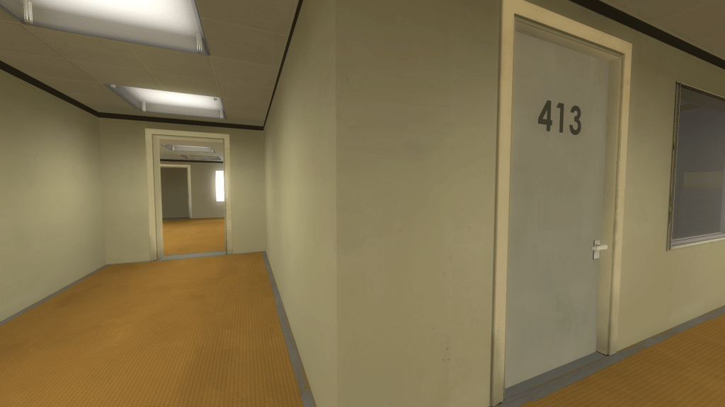 Office corridor, room 413 door is closed, around the corner from open door leading to room. door is the famously locked behind you door from the left side of the first in game choice.