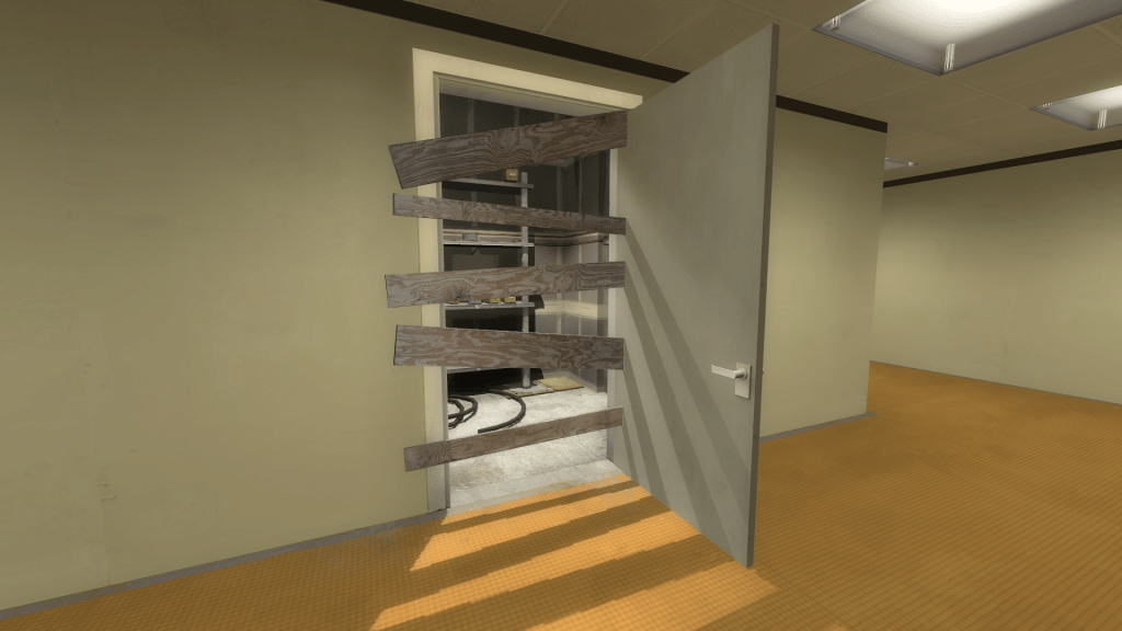 open door to broom closet, with planks boarding up the room blocking entry, however the door has still managed to open.