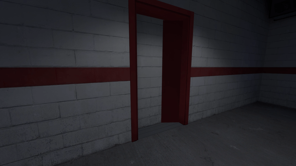 red doorframe, concrete floor, in white bricked corridor with band of red. Doorframe leads to white brick.