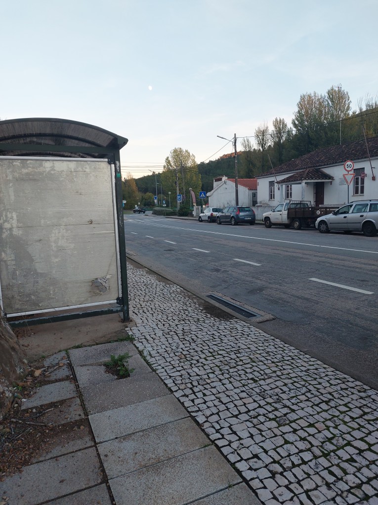 The side of a covered bus stop and early evening blue sky with moon visible, a hill, trees and low white buildings with cars parked outside are across the road