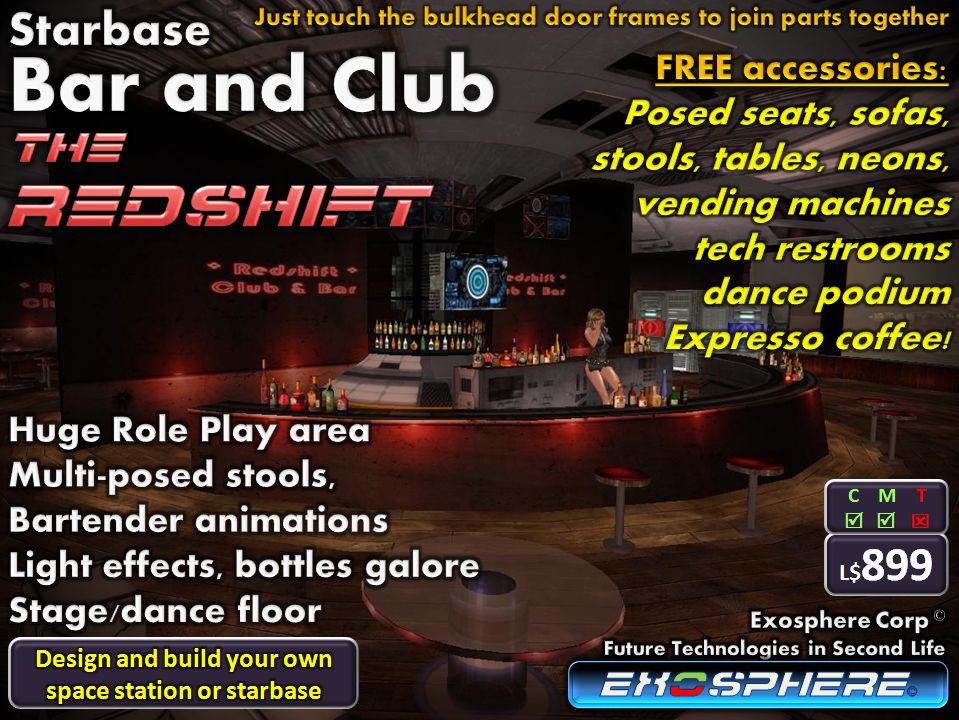 An advert for Starbase Bar and Club, a Second Life virtual space which resembles a bar on a space station, and comes with a range of accessories, and customisable assets. Selling for $899 in-game currency.
