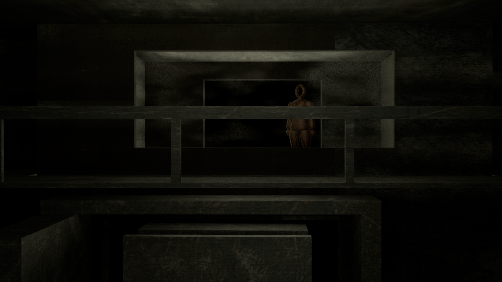 3d modelled image of crisis standing in a dark area behind a glass wall