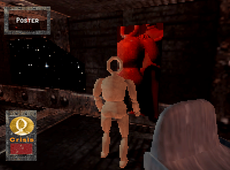 screenshot of game, crisis looks at a slightly suggestive poster of a person kneeling between another person's legs and looking up at them