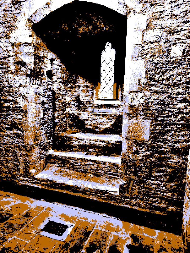 a low resolution stylised photo of an alcove steps leading to a small window in a medieval castle