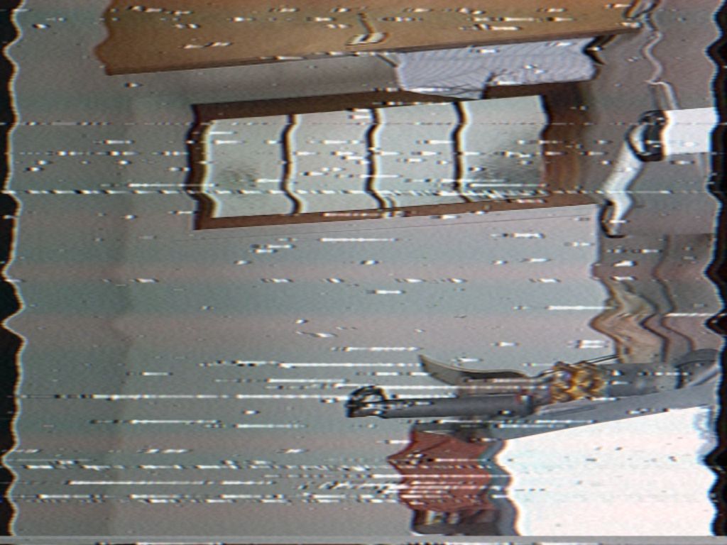 a low resolution, wavy distorted style image of a living room, featuring open door, closed door and space heater, taken side ways