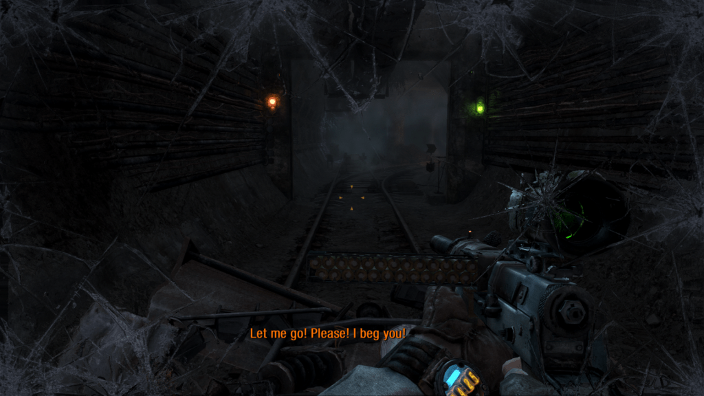 game screenshot: a gun points out in first person in a dark covered area. there is a subtitle 'Let me go! Please! I beg you!'