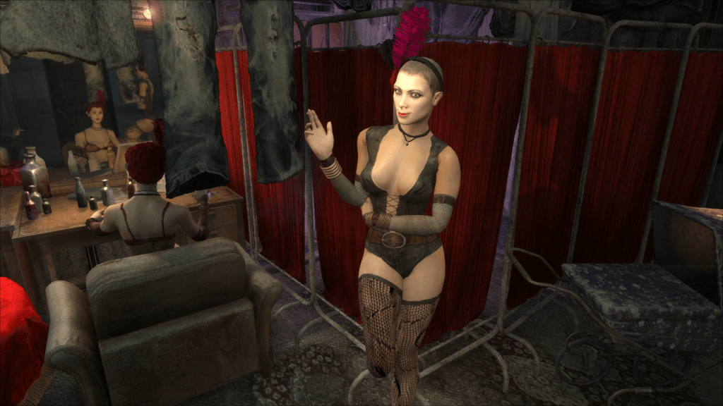 a woman in a burlesque outfit is smoking in a changing room, a curtain behind her has a silhouette of a woman changing and another is sat at a mirror