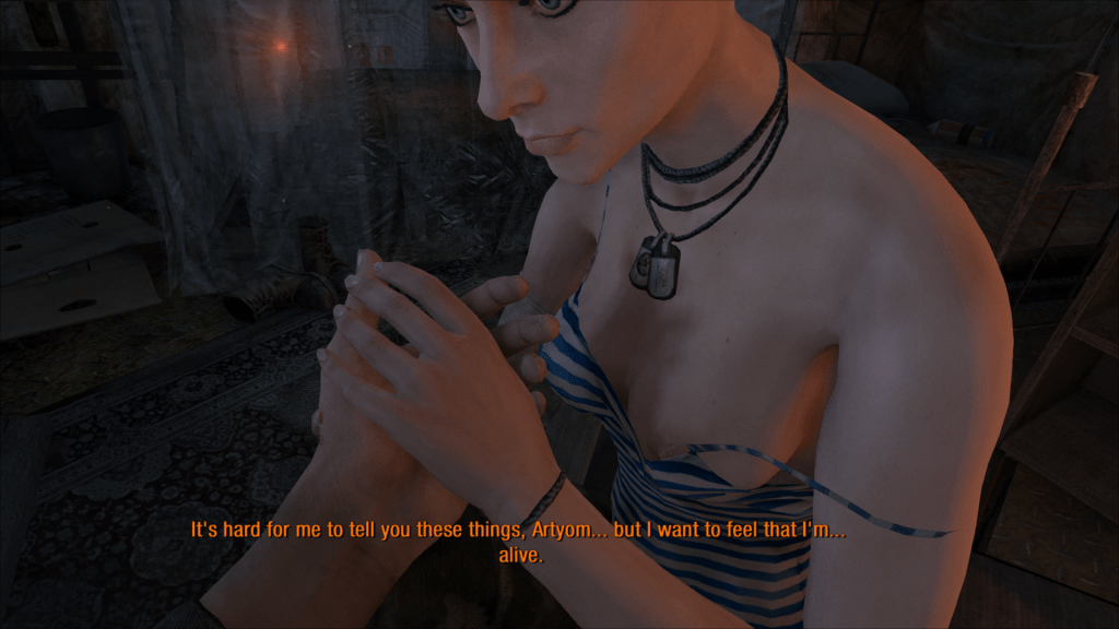 game screenshot: a woman takes the first person player character's hand as her top slips down to expose a breast 