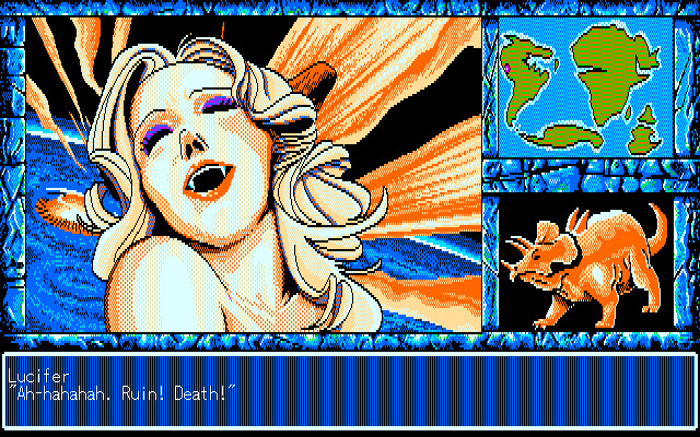 game screen, laughing vampire woman in front of the earth, with side ui of earth map and triceratops, text: lucifer - ahahaha! ruin! death!